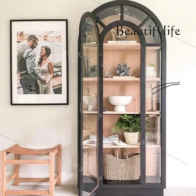 

BJ F Arch American Light Luxury Solid Wood Display Cabinet Floor Storage Glass Wine Cabinet French Retro