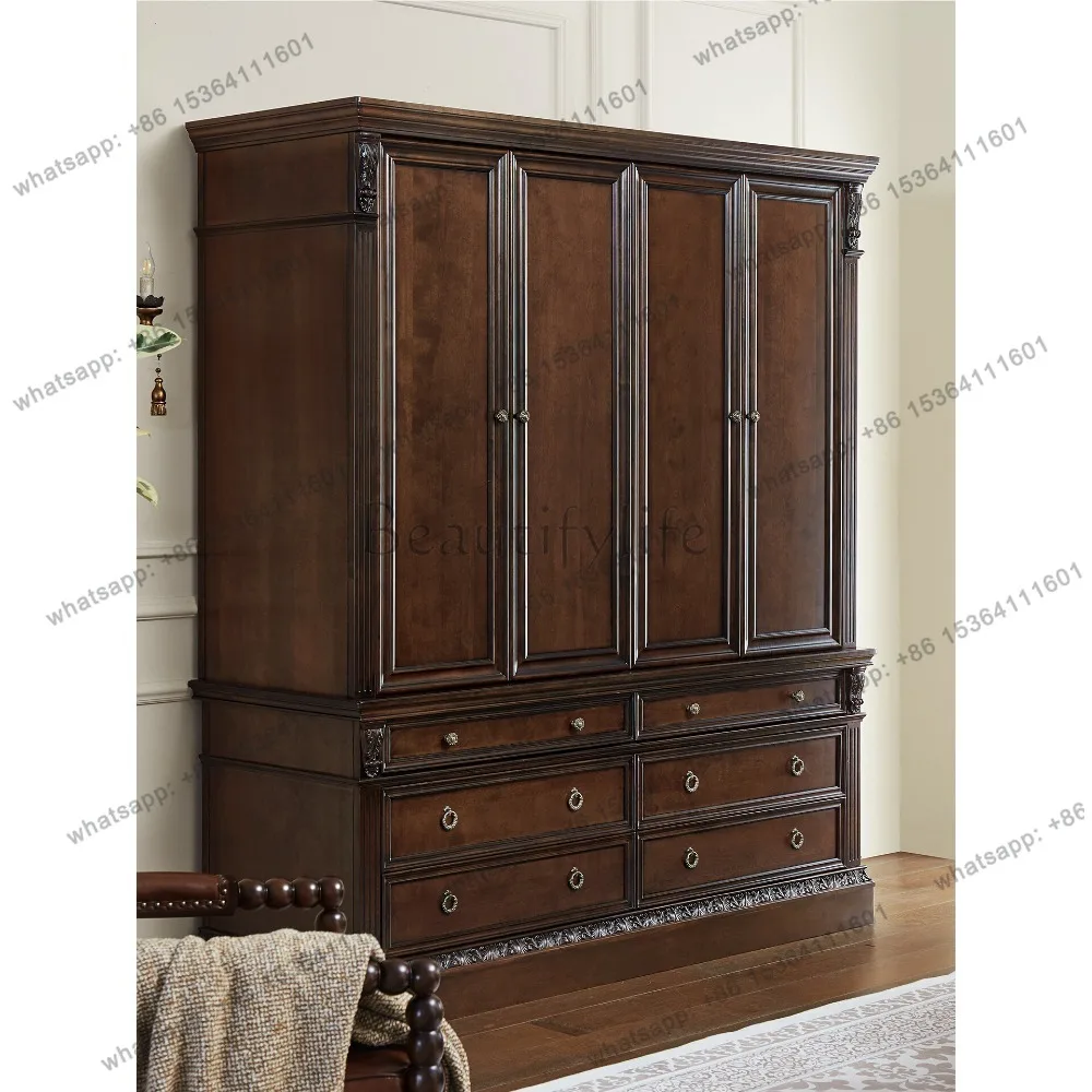 Hot American pure solid wood wardrobe swing door log carved four-door wardrobe