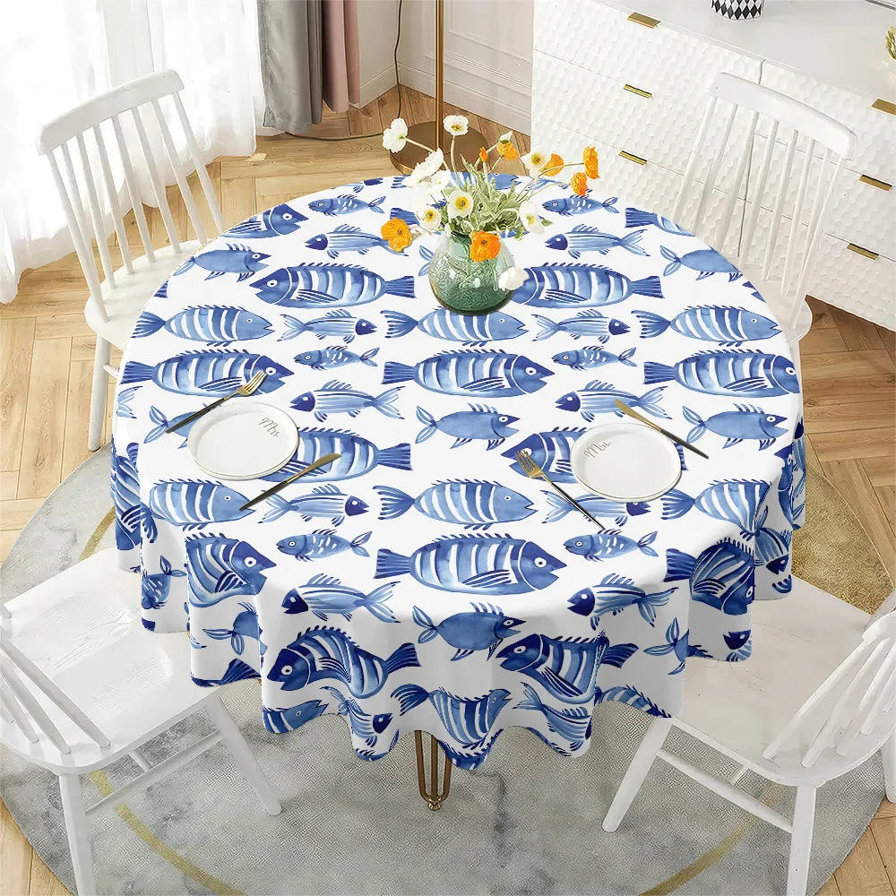 Blue and white watercolor fish group round tablecloth - Mediterranean breeze table cover