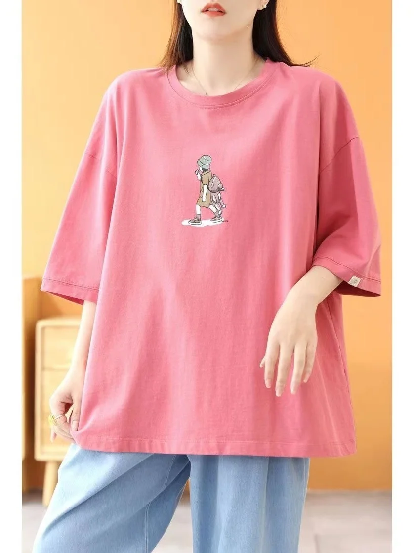 

Loose Fit round Ne Printed T-irt Women's Summer Casual Cartoon Commute Sle Breathable Cotton Top Label Removed