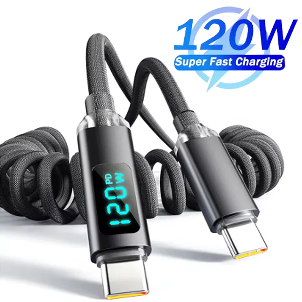 

Сверхбыстрое зарядное устройство USB-C, 120 Вт, кабель для передачи данных со светодиодным цифровым дисплеем, пружинный кабель для IPhone15 16/Samsung/Huawei/Xiaomi