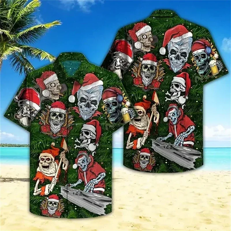 Men's Skull Christmas 3D Printed Pattern Shirt Hawaiian Holiday Party Men's Shirts Summer Fashion Short Sleeve Lapels Men's Tops