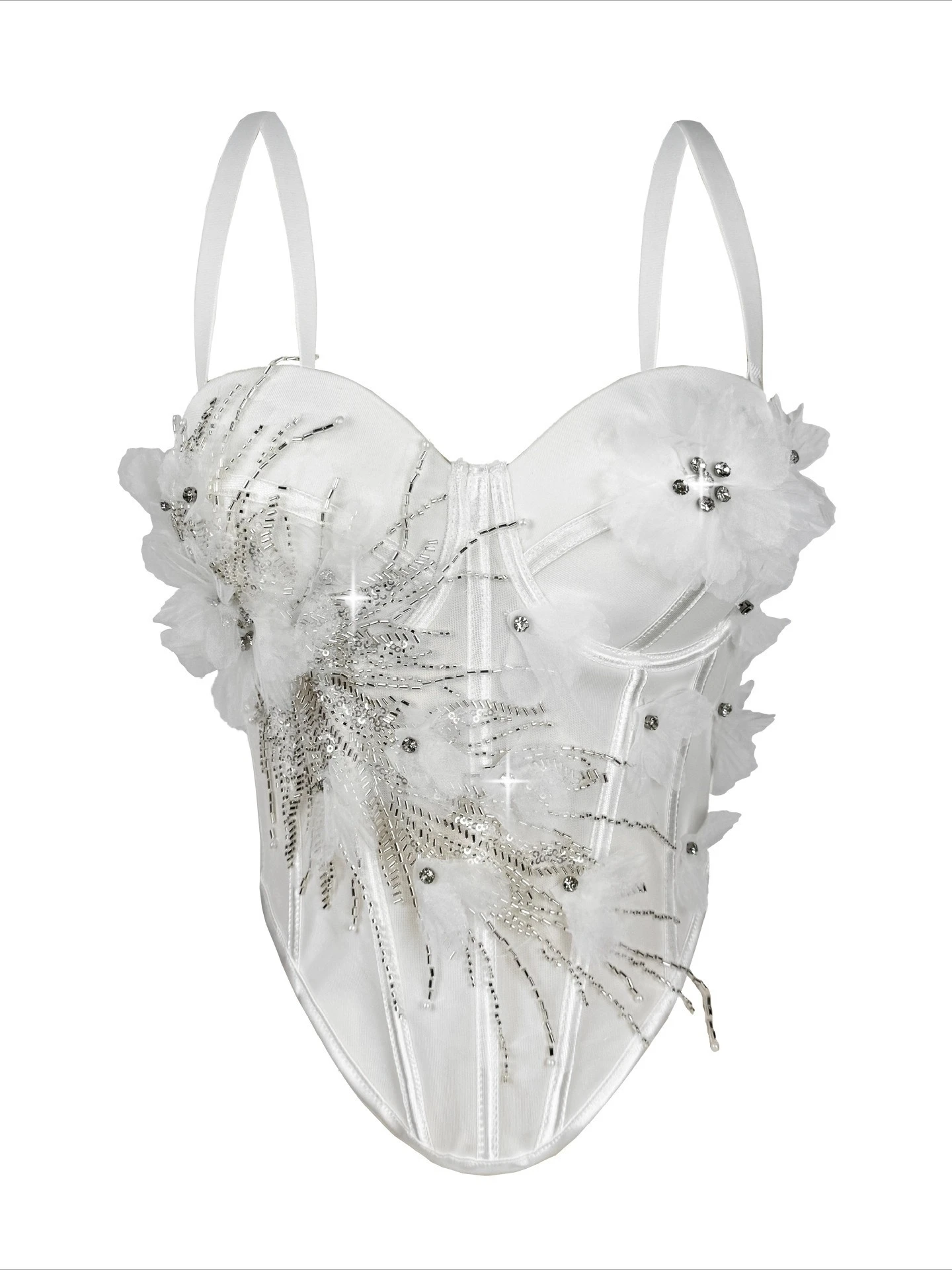 SsTss Corsetto di lusso con applicazioni floreali 3D Top Elegante dettaglio strass da donna Cinturino regolabile Senza maniche Bustier disossato Camis