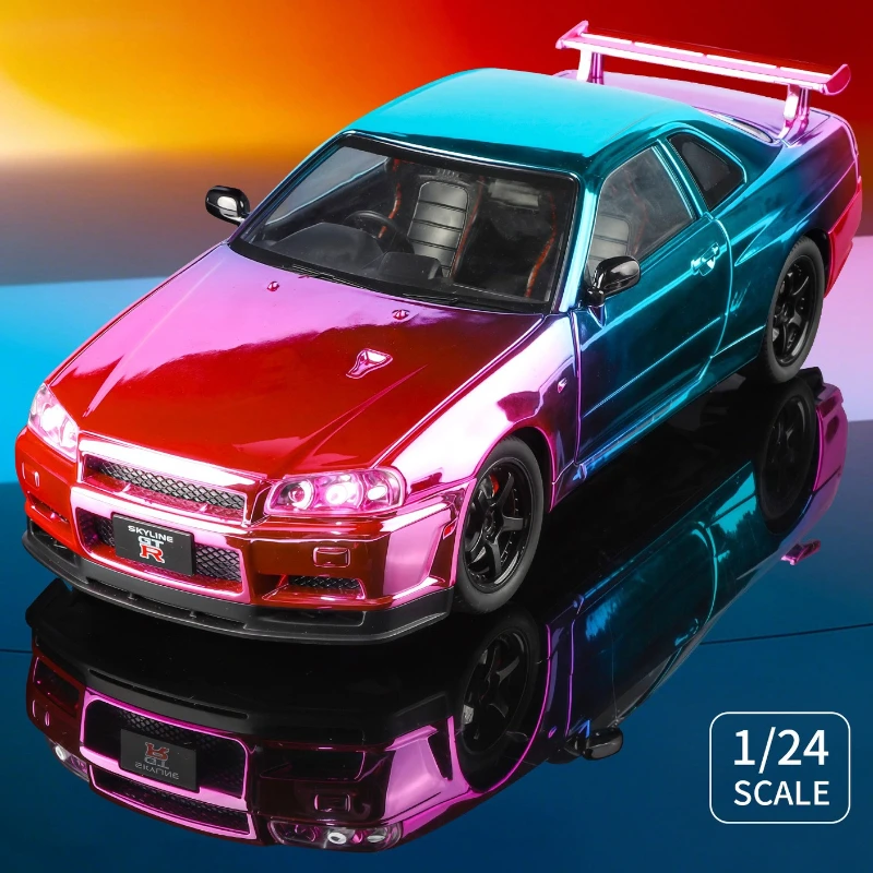 Simulation Electroplated 1:24 Scale Nissan GTR34 Sports Car Model Children's Toy Vehicle Collection Miniature Voiture Home Decor