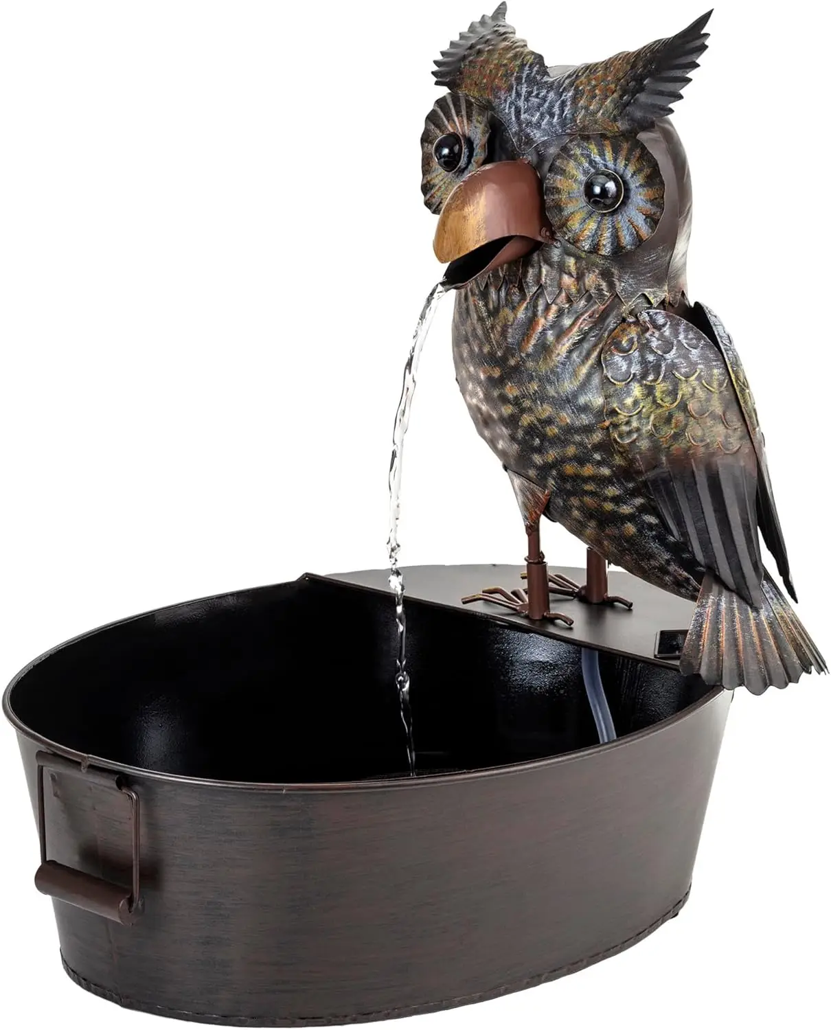 

23-дюймовый винтажный металлический фонтан с совой для сада и патио, успокаивающая каскадная вода коричневого цвета