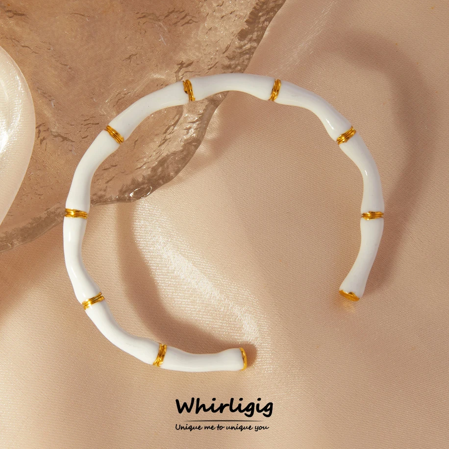 Brazaletes étnicos de esmalte colorido de acero inoxidable para mujer con pulsera de estilo étnico de bambú chapada en oro joyería de lujo al por mayor