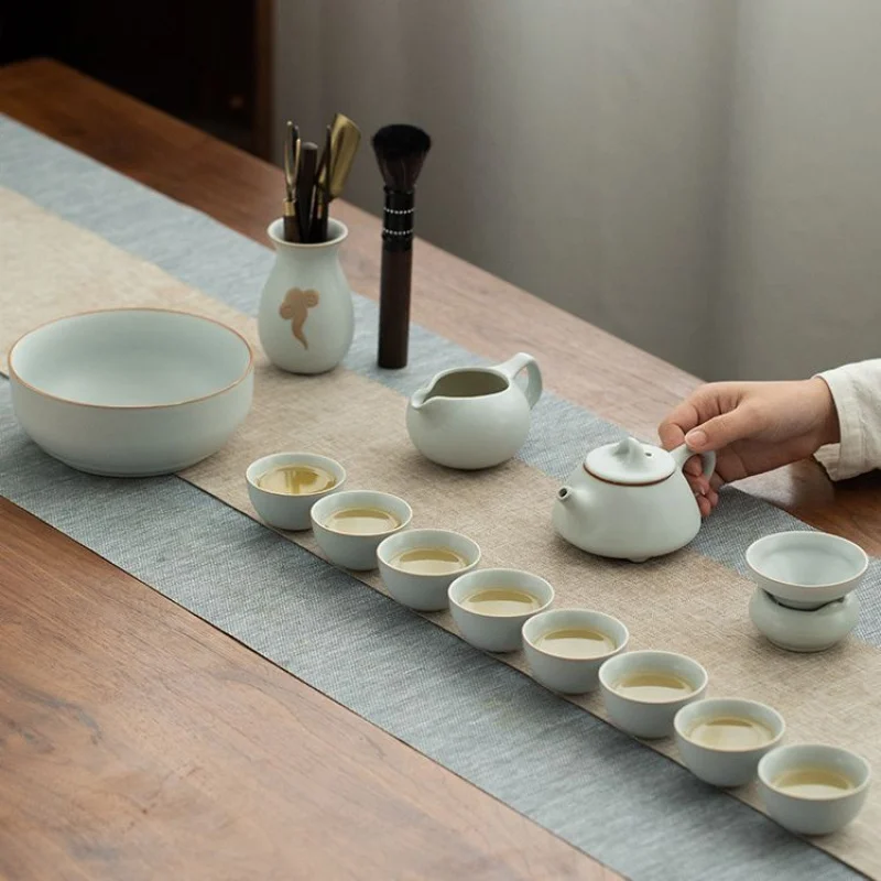 Ru Kiln Tea Set for Home and Office, High-End Kung Fu Tea Cups, Simple Gift Box Set