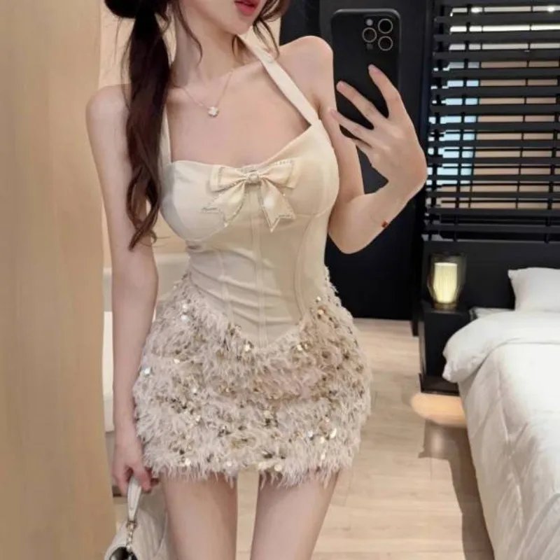 Kobiety w stylu Vintage cekiny kokarda z kryształkami luksusowe eleganckie sukienki imprezowe letnia seksowna Halter bez pleców, bez rękawów Bodycon Club Mini sukienka