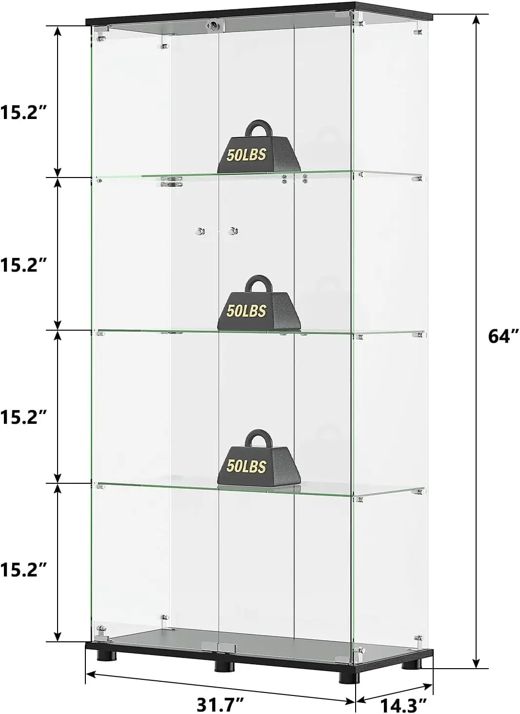 

Glass Display Cabinet with 4 Shelves, Double Doors, Floor Standing Display Cage, for Living Room , 64 x 31.7 x 14.3 in, Black