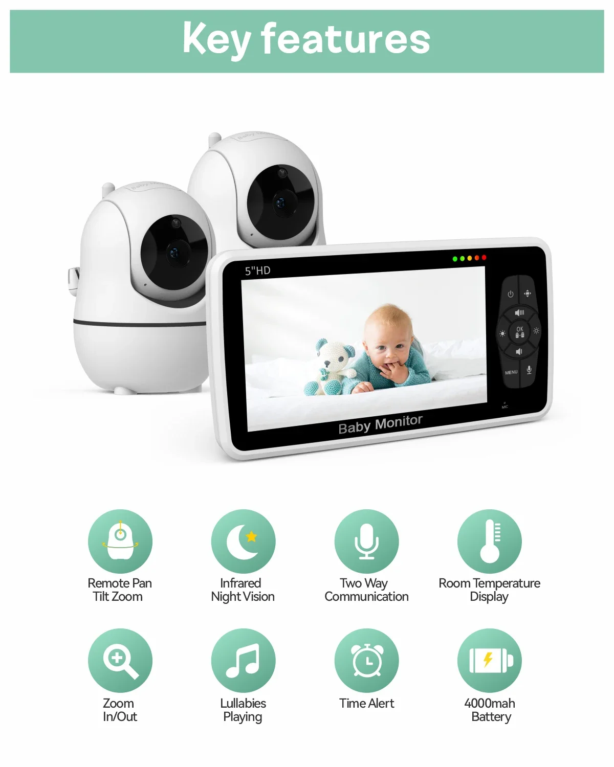 5 '' 720P HD Smart Baby com duas câmeras Baby Phone Pan Tilt Câmera de bebê com vídeo duas câmeras SM50 (1 + 2)