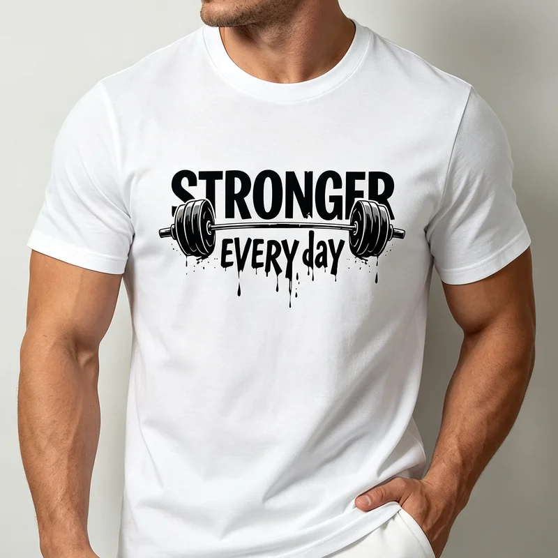 Stronger Every Day Barbell T-Shirt Fitness Motivational Graphic Print Men Women Casual Cotton Streetwear Tops Gym Workout Tee