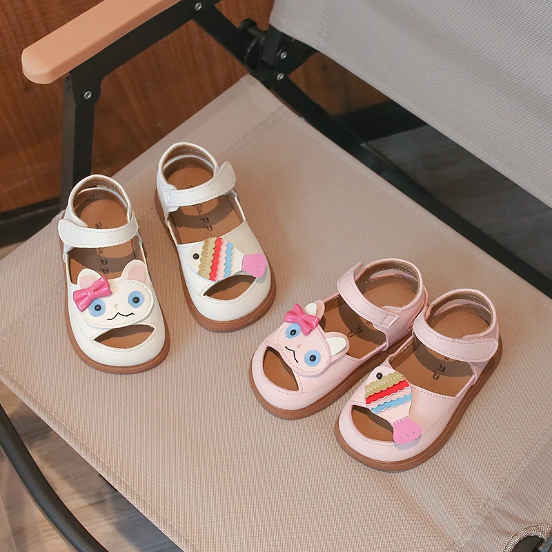 New Summer Kids Sandals For Girls Leather Cuts-out Children Sandals Cute Cat Protect-toe Soft Sole Fashion Toddler Baby Shoes