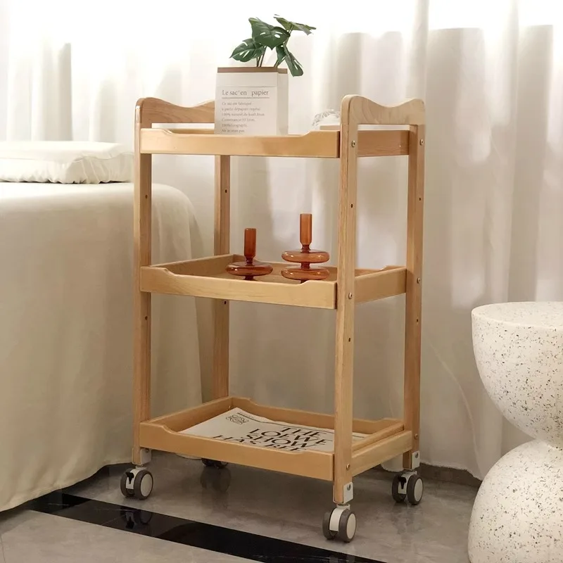 

Beauty salon solid wood cart three-layer tool cart log color storage shelf simple skin management special