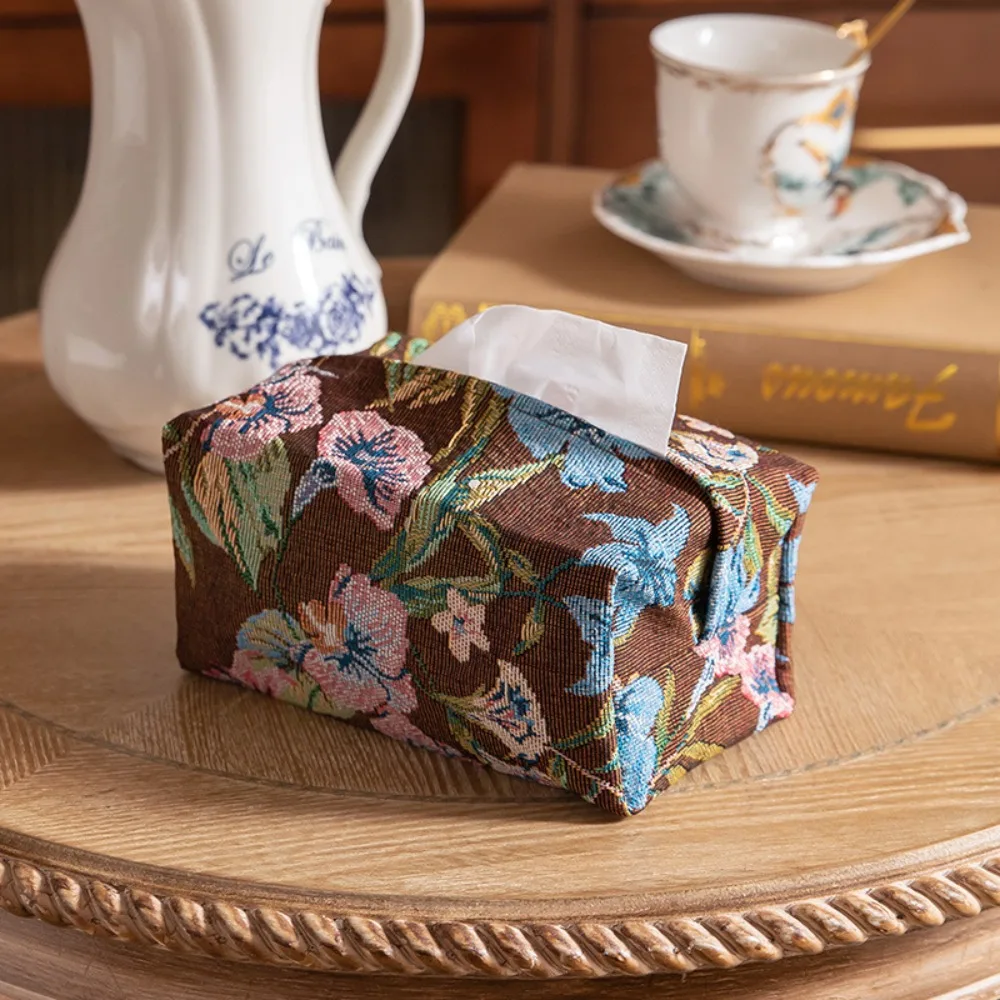 Creative Retro Style Embroidered Tissue Bag Skin-Friendly Breathable Tissue Box Portable Polyester Car Tissue Holder Living Room