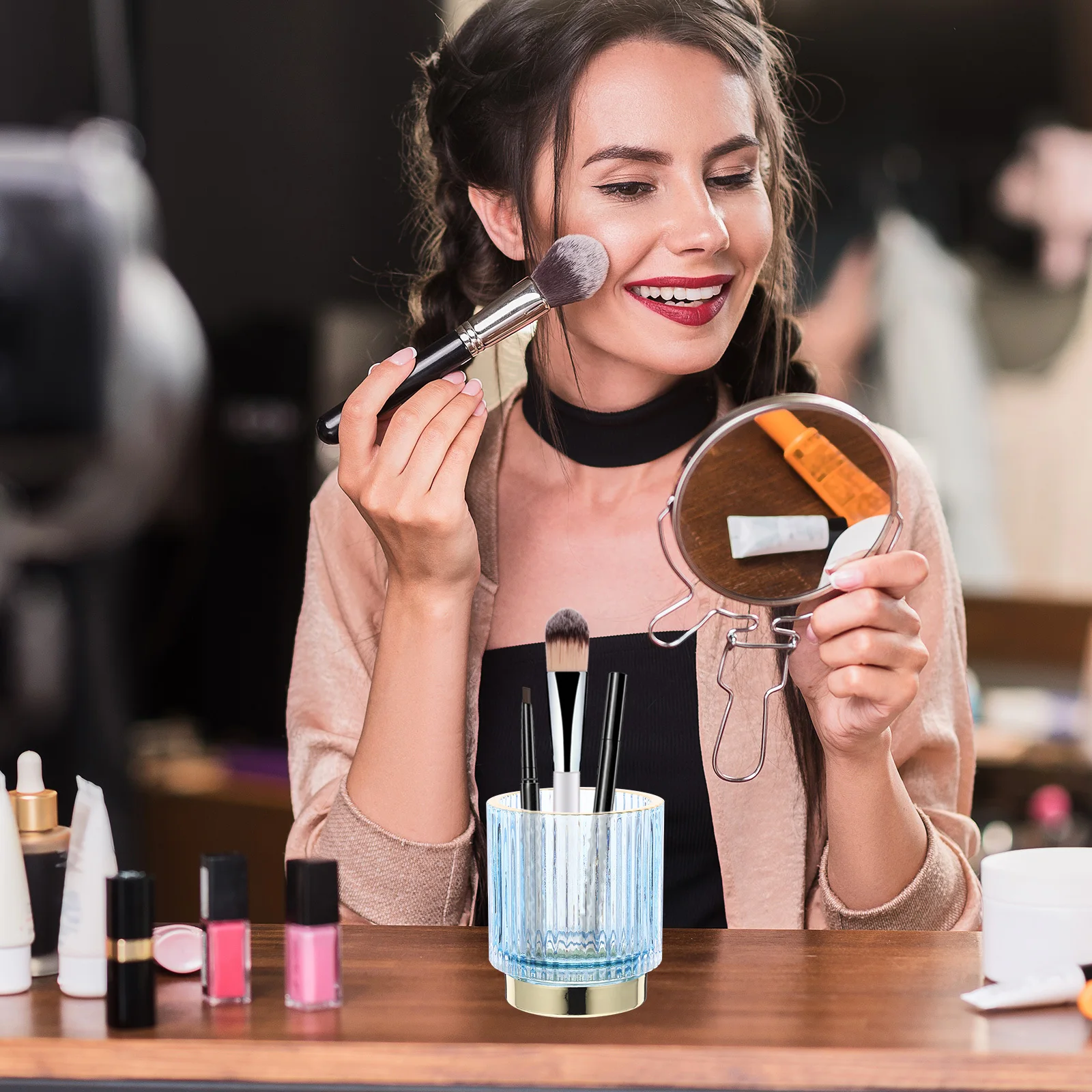 Organizzatore di pennelli per trucco in vetro addensato Portapenne trasparente per trucco Supporto per organizer per vanità da tavolo Supporti per cosmetici