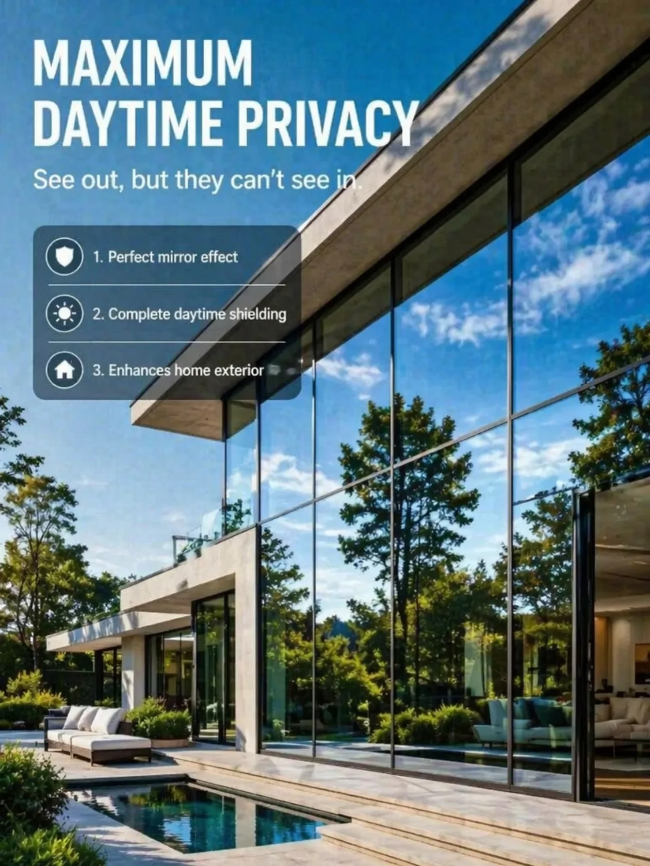 One Way Mirror Privacy Window Film Self Adhesive Heat Control UV Block Sun Block Anti Glare for Home Office Glass Door