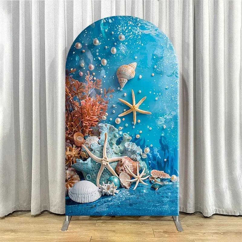 Elastic Double-layer Arch Backdrop Cover Ocean Underwater Scene Backdrop with Seashells Starfish Coral Marine Life for Party