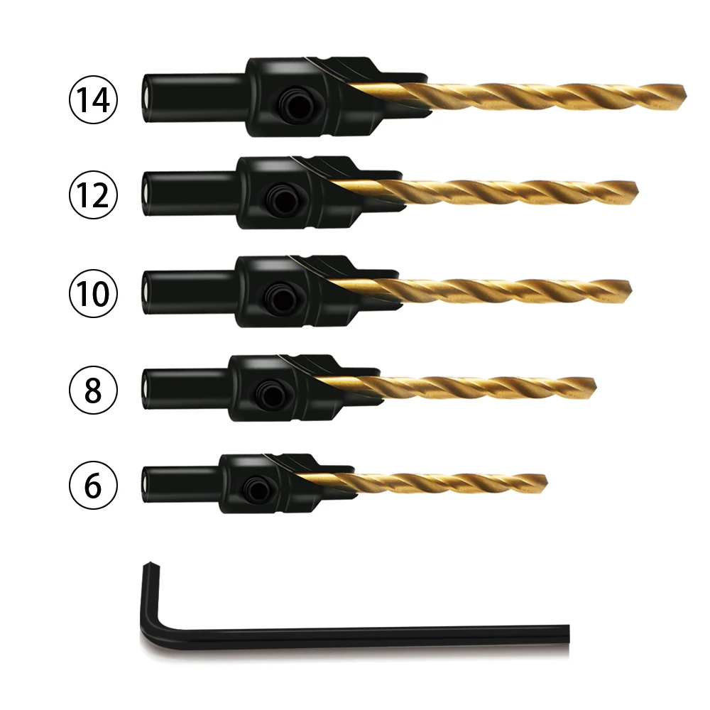 WREOW 5PCS Countersink Mata Bor S Woodenworking Countersink Mata Bor Counterbore งานไม้เจาะรูนักบิน Hex ประแจ