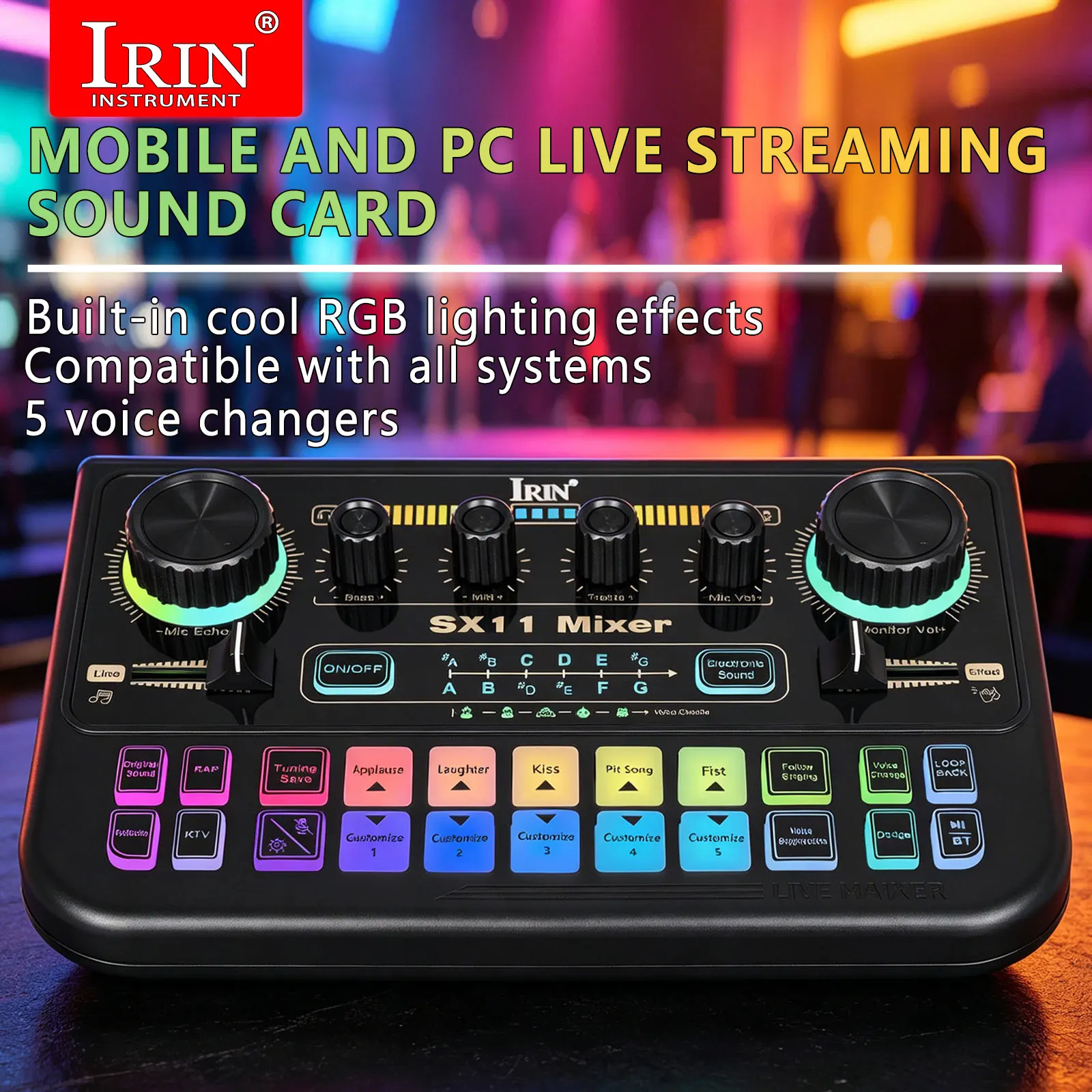 irin-sx11-多機能サウンドカード、rgb-照明とサウンドエフェクト搭載-–-ポッドキャスト、ゲーム、カラオケ用の-9-ポート-エントリーレベル-コンソール
