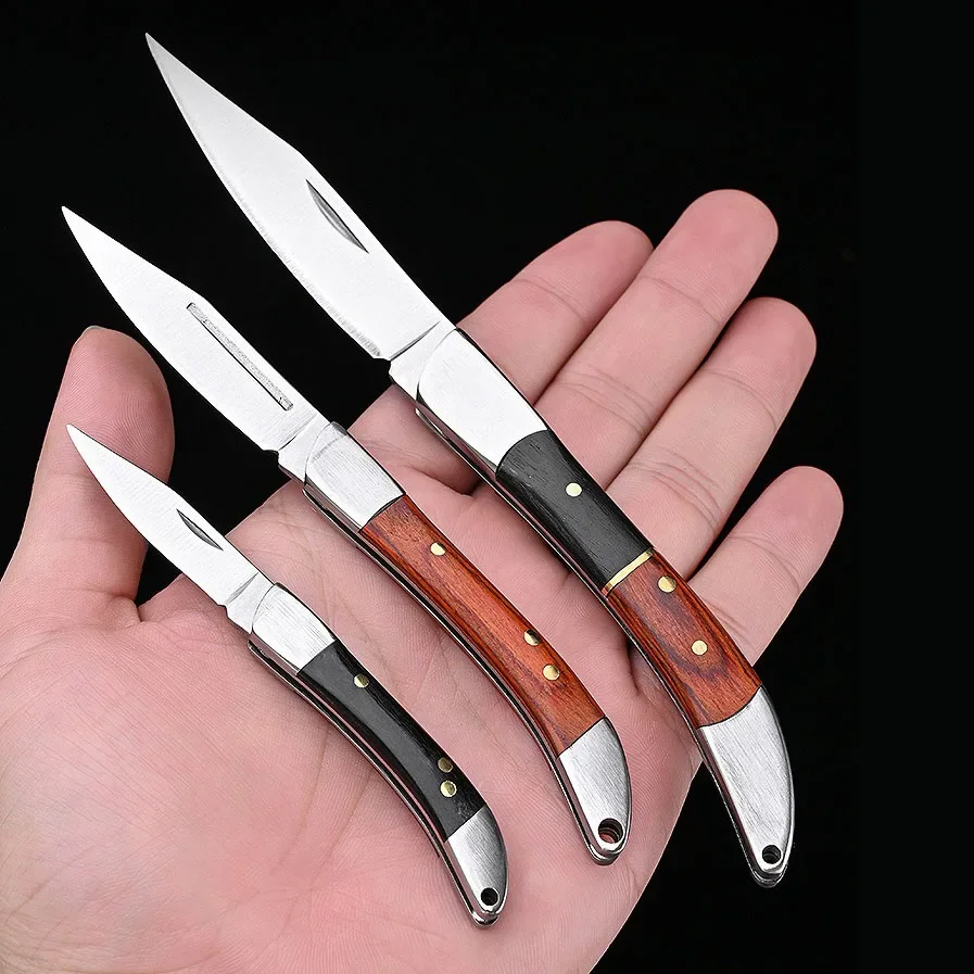 Aço inoxidável Sharp Folding Blade Knife com cabo de madeira, faca portátil, Fruit Peeling, acampamento ao ar livre, ferramentas de bolso para sobrevivência