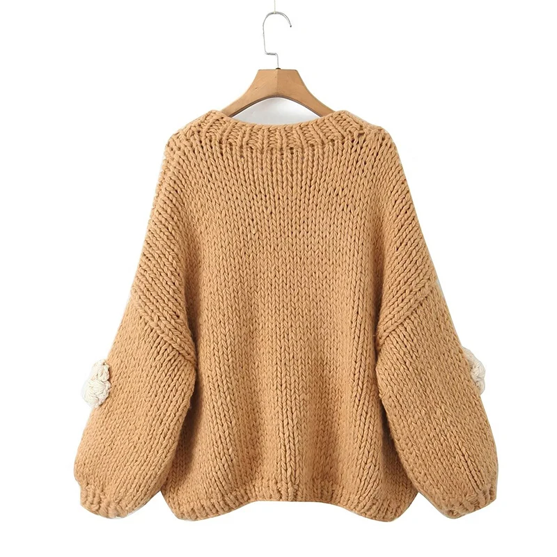 YENKYE Autumn Winter Sweater Women Hand Made Crochet 3D Flower Casual Pullovers Lantern Sleeve Ｏ Neck Female Oversize Jumper