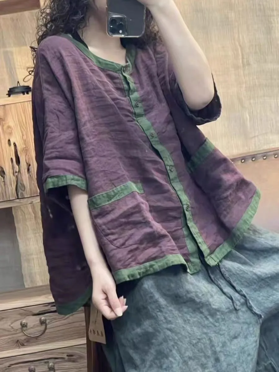 Retro Contrast Color Patchwork Cotton Linen Shirt Women Summer Loose Slim Fit round Neck Open Cardigan Top Casual Style