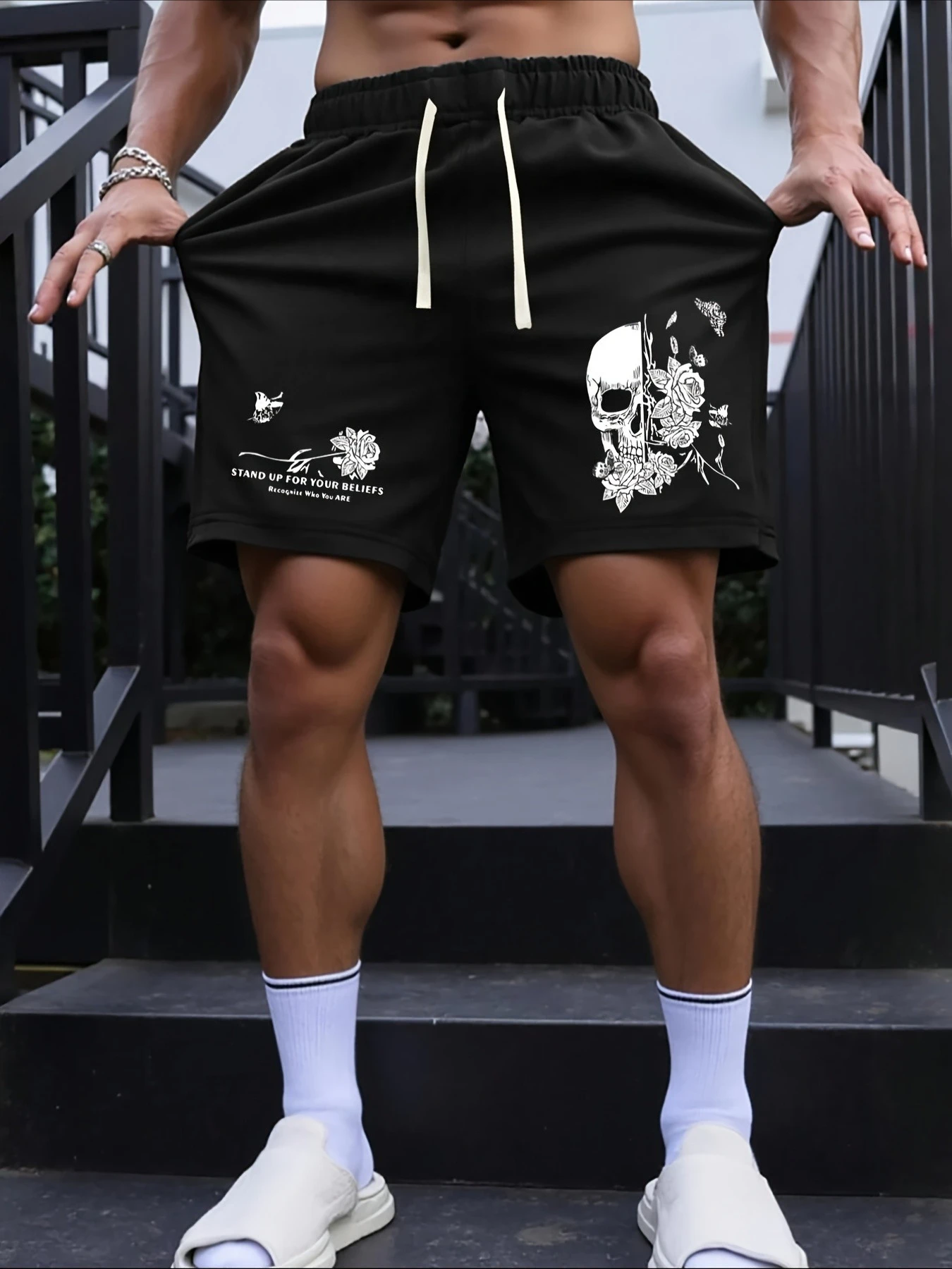 Men's Fitness skeleton Shorts Summer Fashion Loose Drawstring Athletic Sweatpants Sport Jogging Beach Pant Oversized Shorts