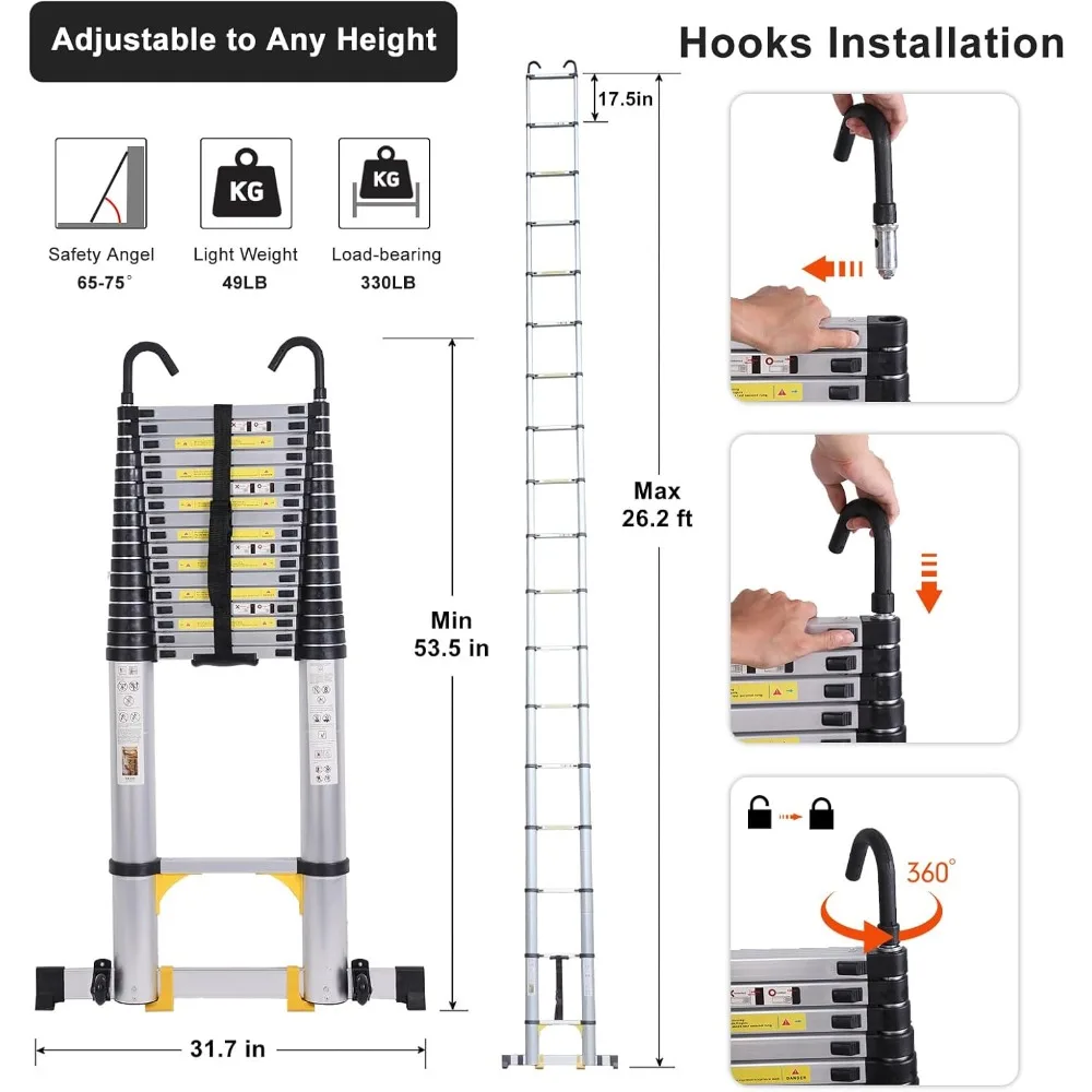 บันไดอลูมิเนียมพับได้พร้อมคานกันโคลง ล้อ ตะขอ และดีไซน์แบบยืดหดได้อเนกประสงค์