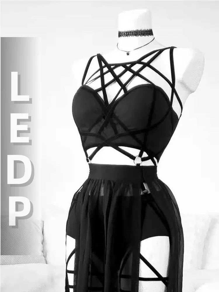 IMU Gothic Nightclub Sexy Skirt Set Women See Through Mesh Backless Crop Tops Emo Alt Punk High Waist Underpants Skirt 3pcs