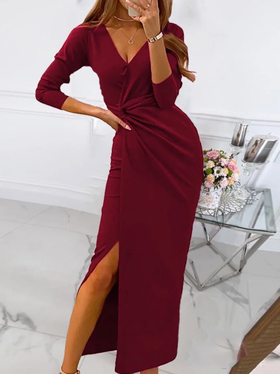 Couleur Pure Wrap poitrine longue Dr coton rouge taille Midi Ele trajet V Ne Slim Fit moulante Dr robe de soirée