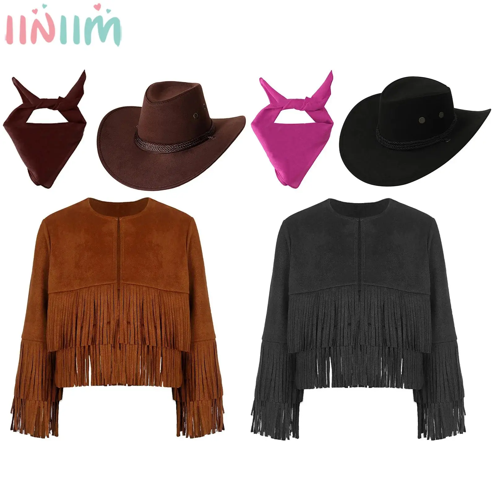 

Kids Halloween Carnival Theme Party Western Cowboy Cowgirl Cosplay Costume Long Sleeve Tassels Fringe Tops with Hat Bandanna