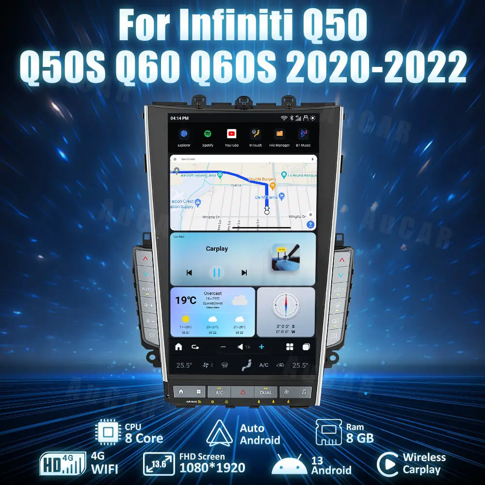 Aucar 13.6 ''أندرويد 13 راديو تلقائي لتحديد المواقع والملاحة ستيريو السيارة ل Q50 Q50L Q60 Q60L مارك 7 2020-2022 مشغل ديفيدي للسيارة