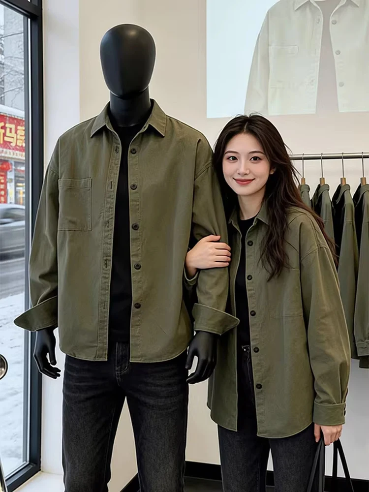 

Retro American Military een Men's irt Casual Long Sve Jaet Couple's Outerwear Spring Autumn Straight Cut Loose Fit