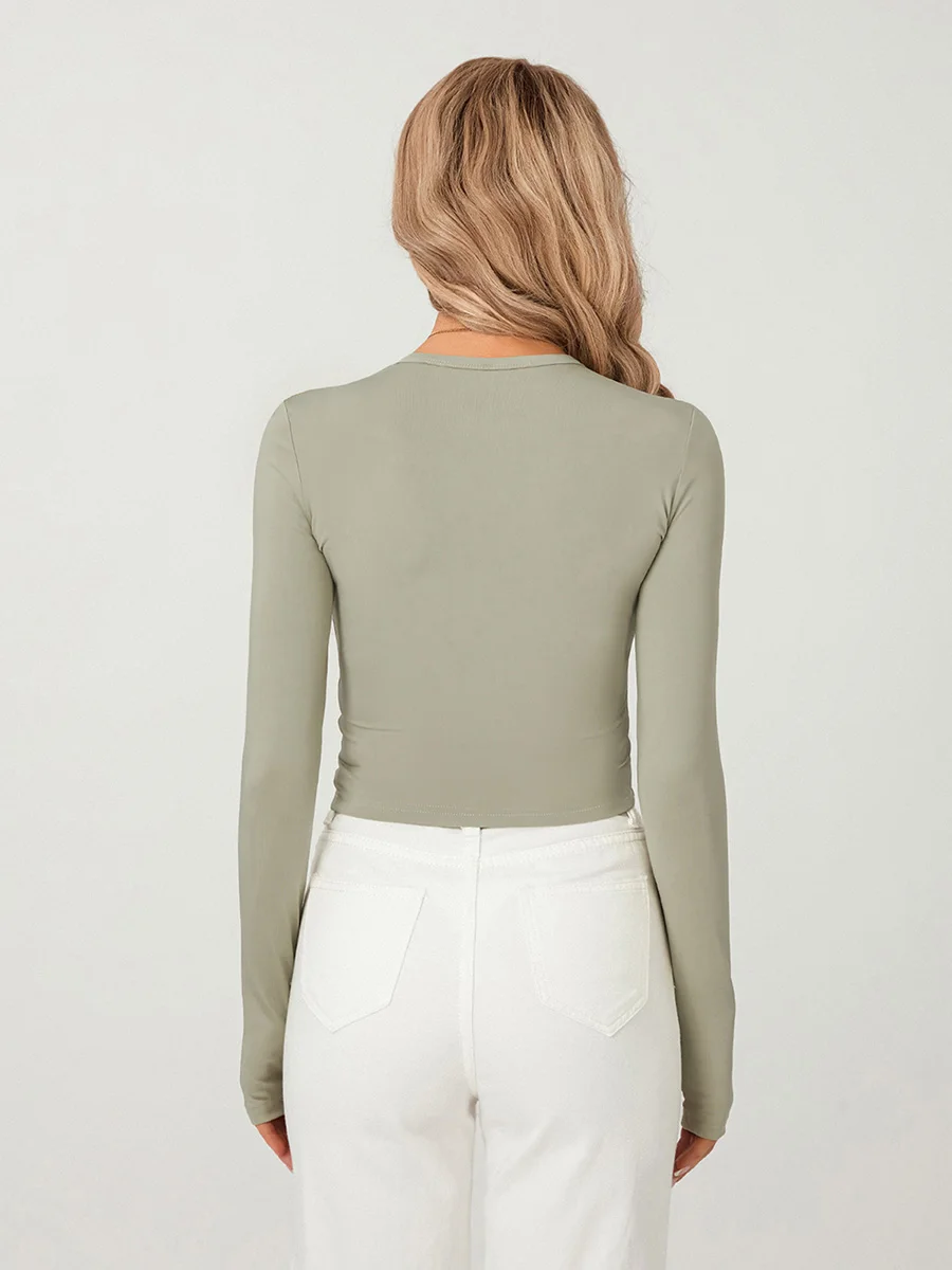 Women Long Sleeve T-shirt Fashion Crew Neck Solid Color Slim Fit Basic Crop Top with Thumb Holes E-Girl Yoga Work out Blouse