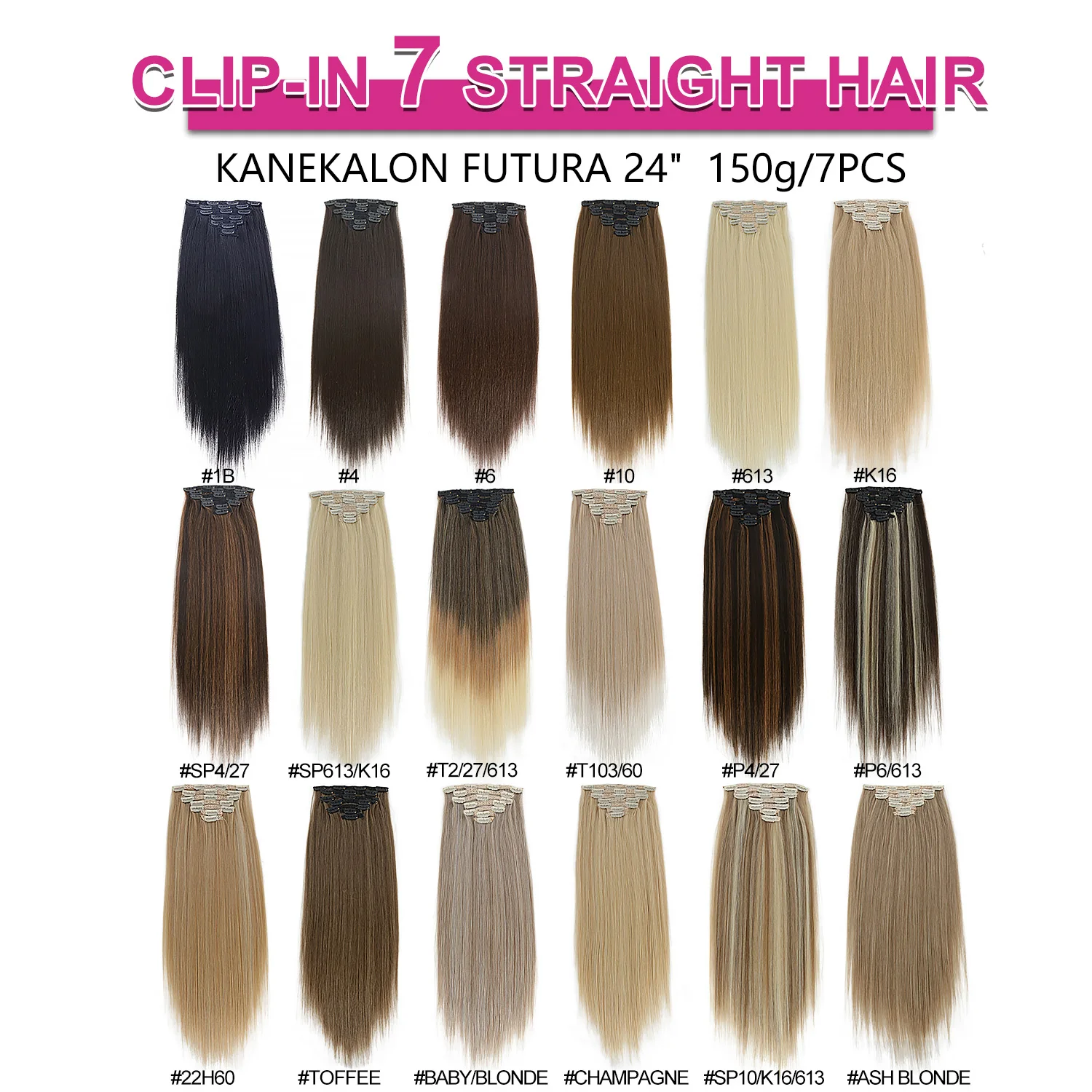 Julianna 24 pouces 150g Clip-in 7 pièces 16 Clips Futura Fiber Kanekalon gros trame pince synthétique dans l'extension de cheveux armure