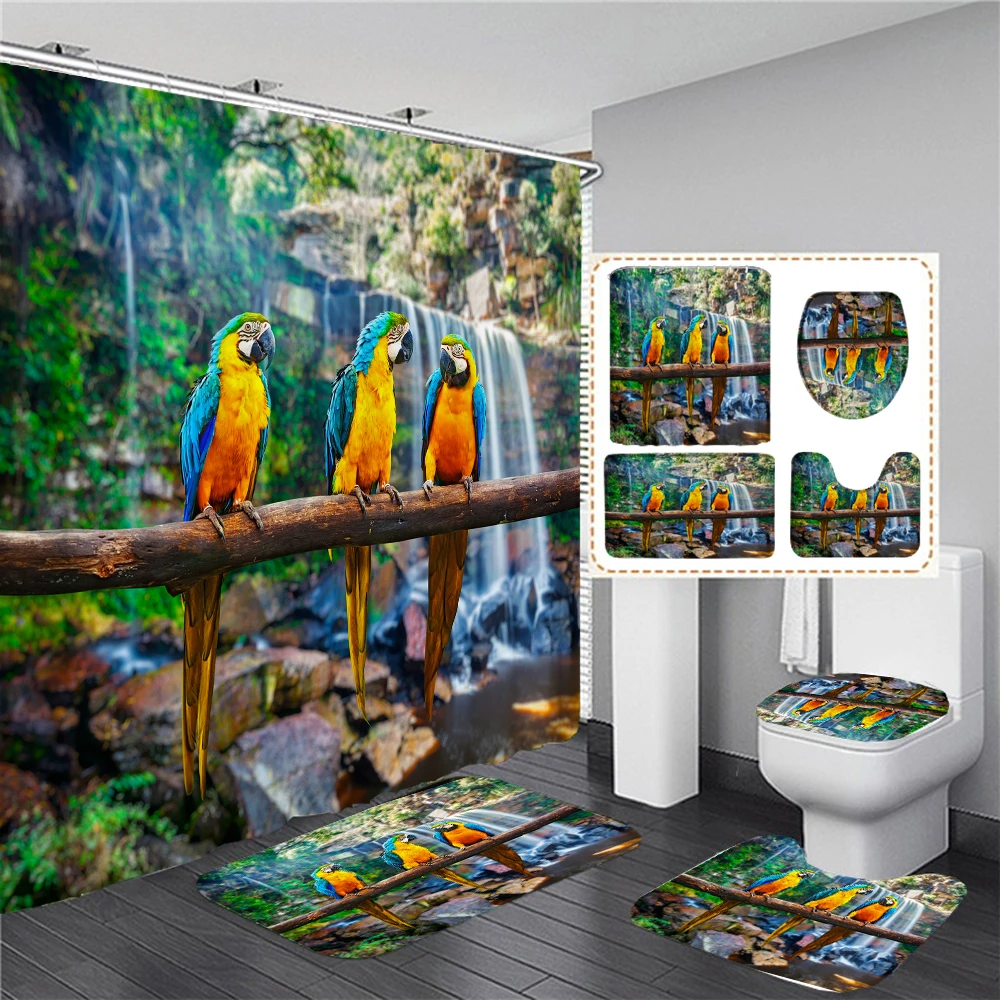 Parrot Birds Printed Bathroom Carpet Set Waterproof Bathroom Curtain Shower Curtain Bath Rug Anti-slip Foot Mat for Toilet