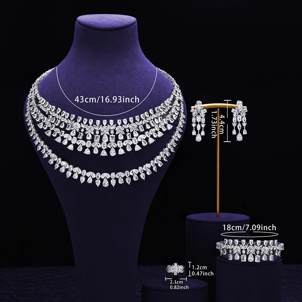 Luxury AAA Cubic Zirconia Multi Layer Necklace Earrings Bracelet Ring Women Wedding Bridal Statement Jewelry Set Christmas Gift