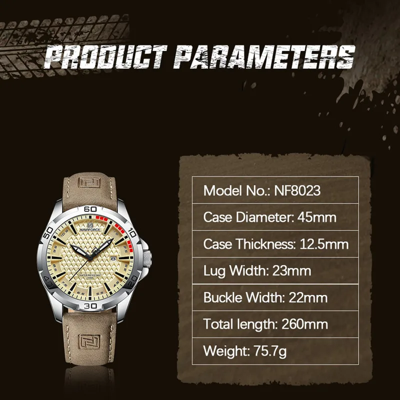 Marca Naviforce, relojes de lujo para hombre, correa de cuero, reloj de pulsera militar resistente al agua para hombre, reloj de cuarzo con fecha,