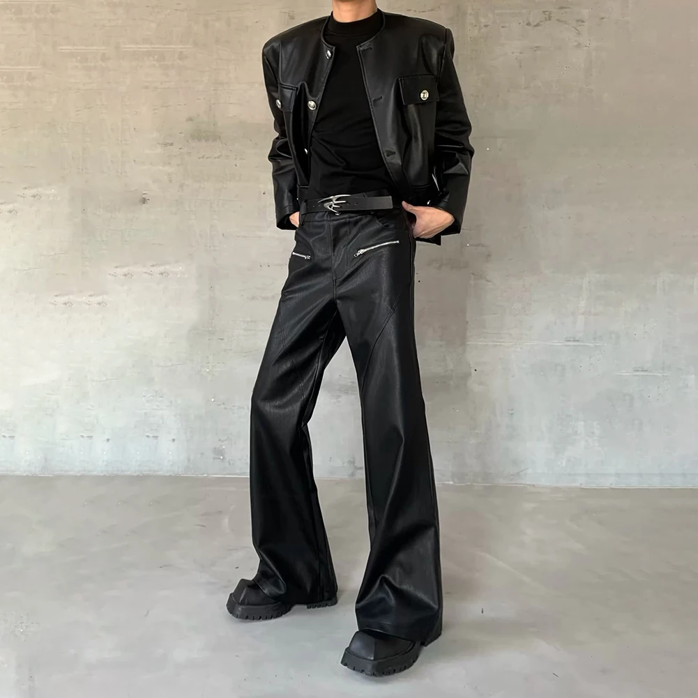 Full Length Flared Pants Men Pants Motorcycle Style Pants Black Men Flared Pants Solid Color Pattern Four Seasons Wear
