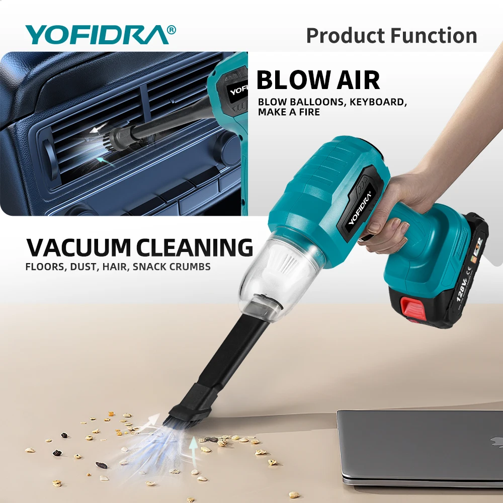 YOFIDRA Cordless Electric Vacuum Cleaner Blow Suction Dual Use Portable Rechargeable with 7 Accessories For Makita 18V Battery