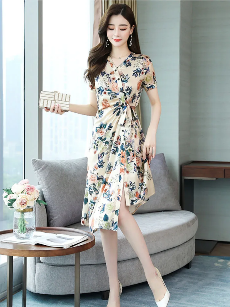 New arrival 19 MM elastic silk satin women dress,natural silk V-neck summer dress,strap-bow pleated waist midi printed dresses