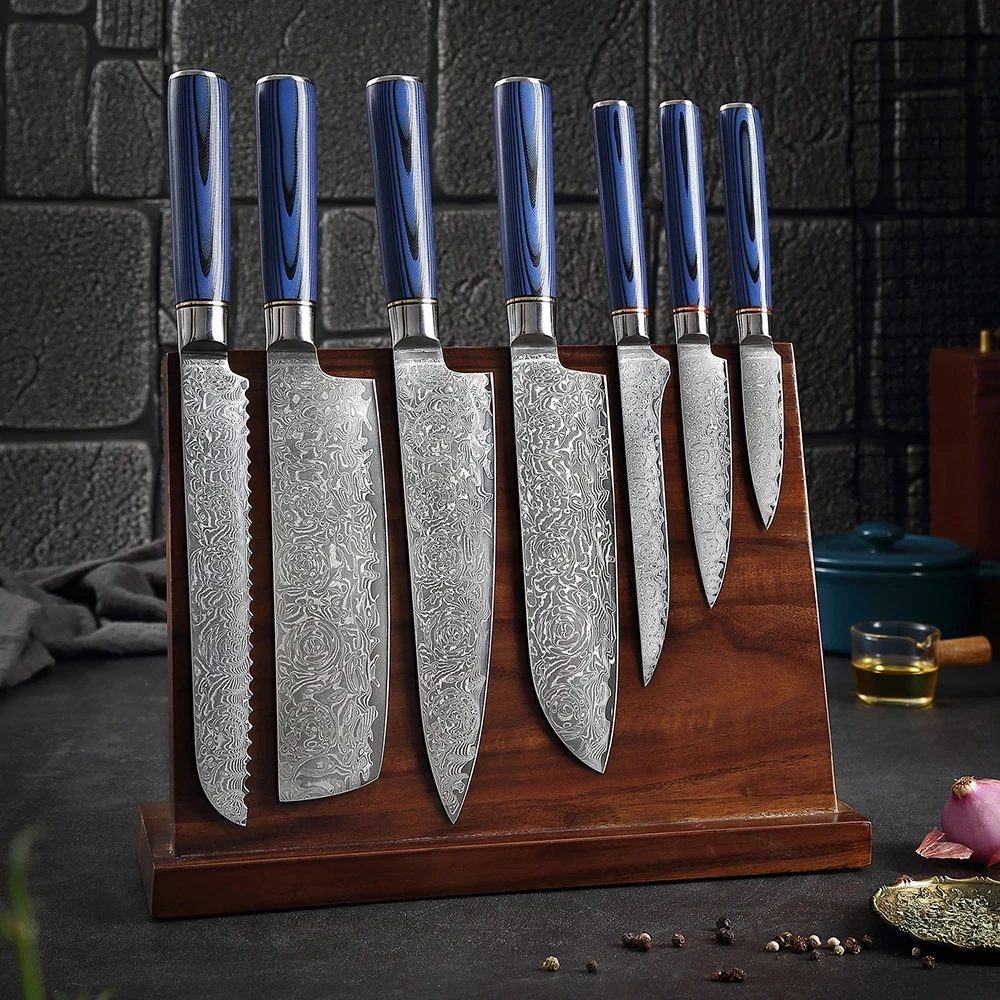 

XITUO Kitchen Knife Set 1-7PCS Sharp Damascus Chef Knife Santoku knife Damascus Steel Rose Pattern Blade Blue G10 Handle