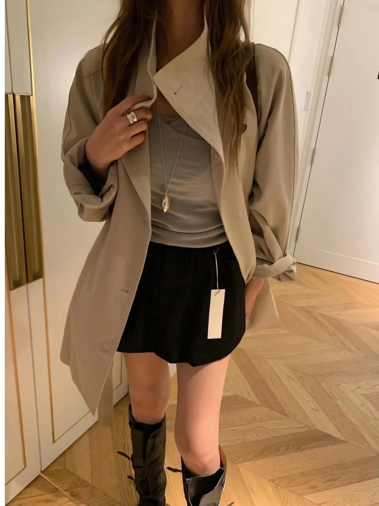 

Chic Autumn Winter Briti Sle Stand Collar Tie Waist Slimming Midi Length Coat Sle Outerwear for Women Spring Autumn