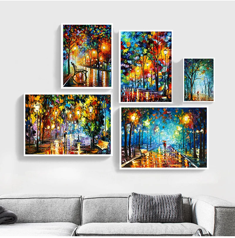 1PC Night Forest Vertical Landscape Canvas Prints Street Lamp Park Poster Unframed Colorful Impression Scene Wall Art Decor