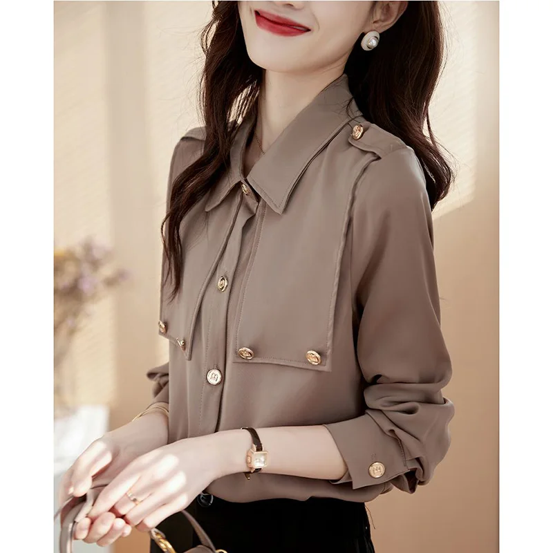 Fashion Lapel Button Solid Color All-match Shirt Female Clothing 2023 Autumn New Casual Tops Loose Office Lady Blouse