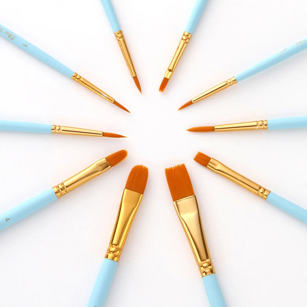 

10Pcs Artist Paint Brush Set Durable Nylon Wool Copper Tube Solid Wood Handle Easy Clean Gouache Watercolor Oil Painting