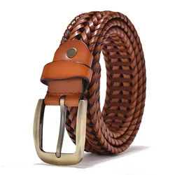 Men Genuine Leather Braided Belts Webbing High Quality Braided Vintage Belt for Men Gold Pin Buckle Casual for Jeans Strap