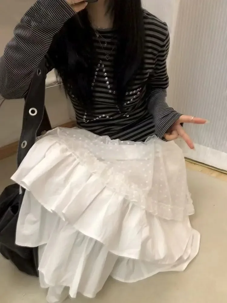 النساء تي شيرت ستار الحفر الساخن مخطط وهمية قطعتين المرقعة كم طويل الخريف موضة Y2k بلايز أنثى عادية المحملة #5