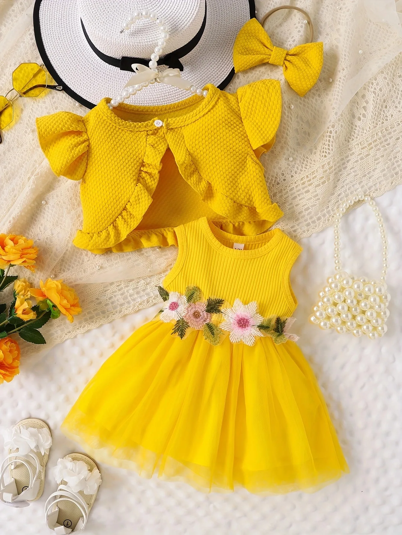 

0-3 year old infant, toddler, girl, baby, cute and sweet summer waist flower vest, mesh dress+same color coat and hair accessori