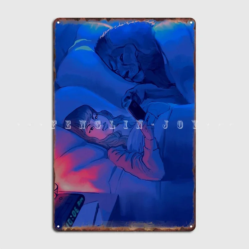 Scrolling Peaceful Night With Lion Pet Graphic Illustration Moonlit Bed Metal Sign Club Bar Funny Wall Plaque Tin Sign Poster